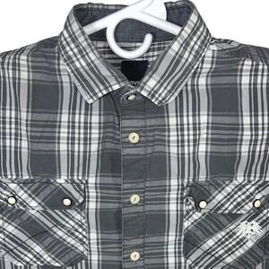 Soviet Men's XL Plaid Button Up Shirt Long Sleeve‎ Gray Western Pockets Pearl